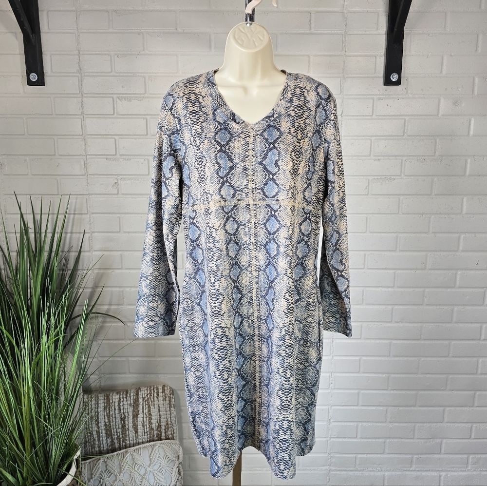 Joh Snakeskin Print Long Sleeve Rou D Neck Faux Suede Dress Oversized Small - Picture 11 of 12